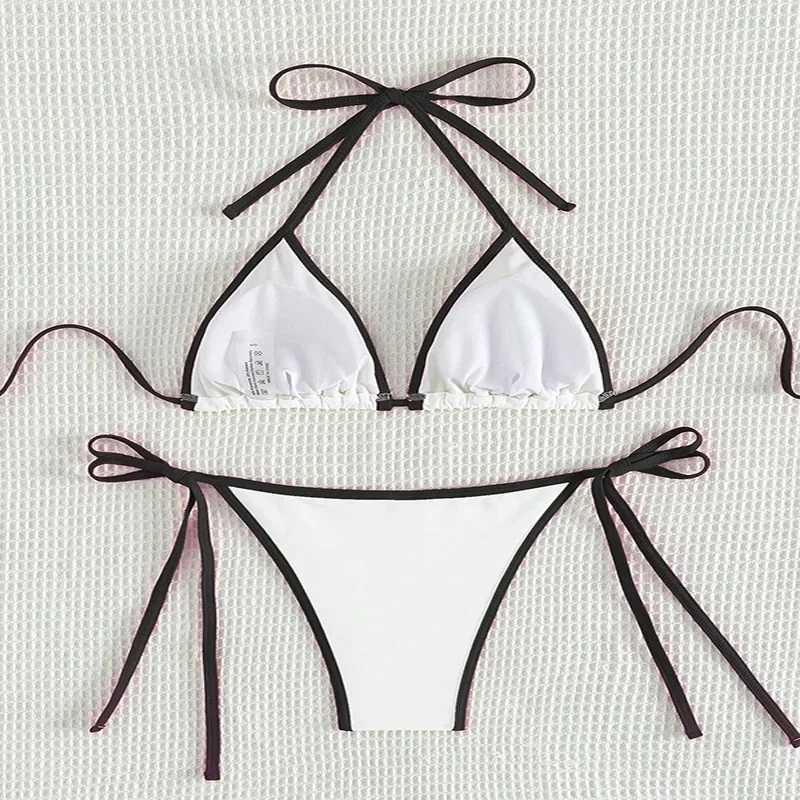 Sexy Contrasting Colors Micro String Bikinis Sets Swimsuit 2024 Women Halter Mini Thong Swimwear Biquinis Beachwear Bikini MujerXJ241212