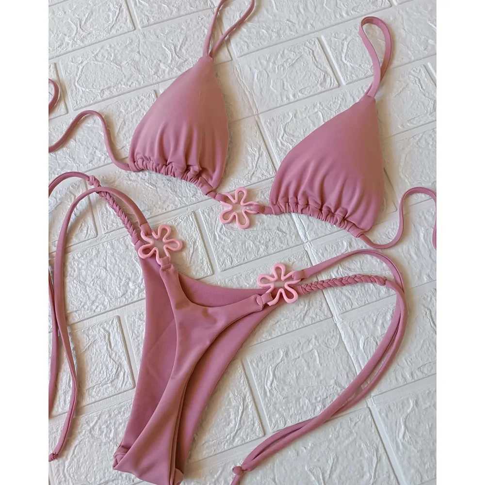 2024 Halter Bikinis Women Swimsuit New Sexy Swimwear Floral Brazilian Bikini Set Micro Biquini Fa Cute Solid BeachwearXJ241212
