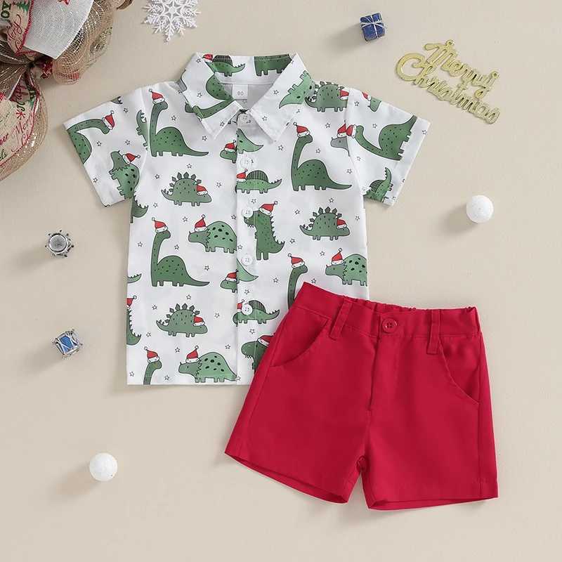 FOCUSNORM Christmas Preschool Baby Boy Clothing Set 0-4Y Dinosaur Printed Short Sleeve Single Chest Shirt W241213