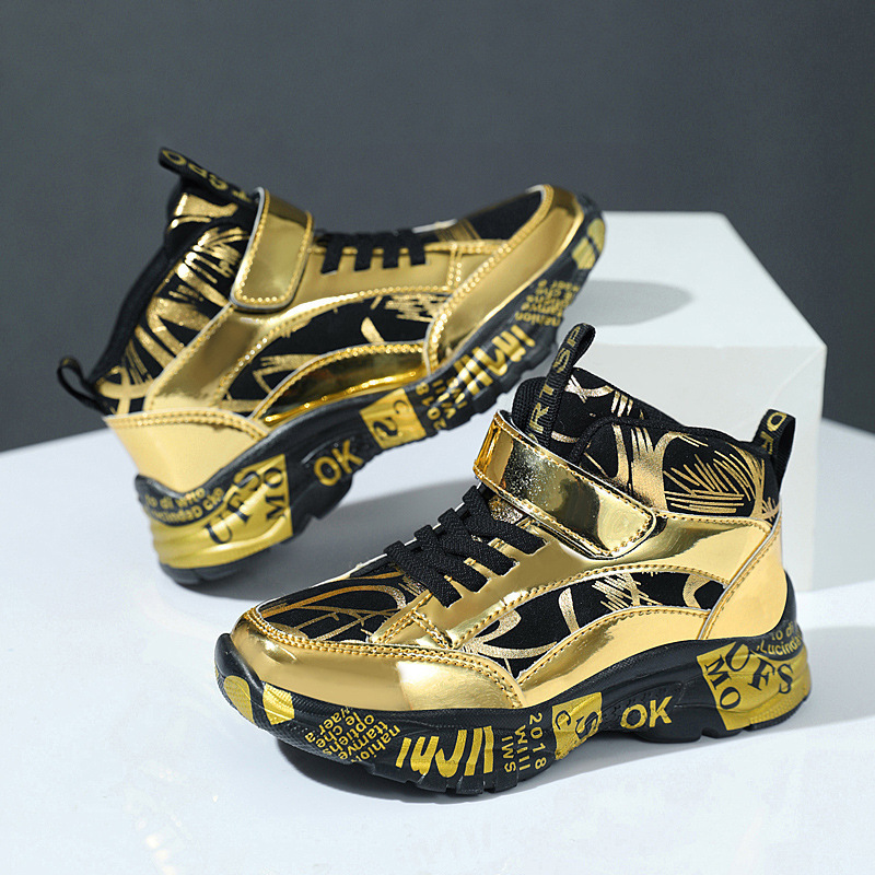 Tennis Shoes for Boys High Top Boots for Kids Outdoor Sports Non Slip Sneakers Free Shipping Childrens Basketball Shoes Gold ending Footwear size 28-4