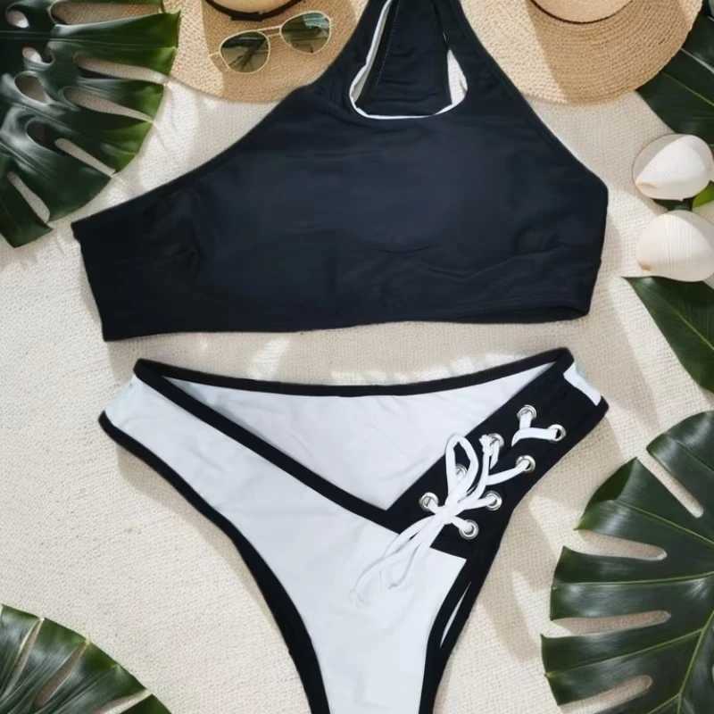 Sexy Swimsuit One-shoulder Black Bra High-waisted Bris Two-piece Split BikiniXJ241212