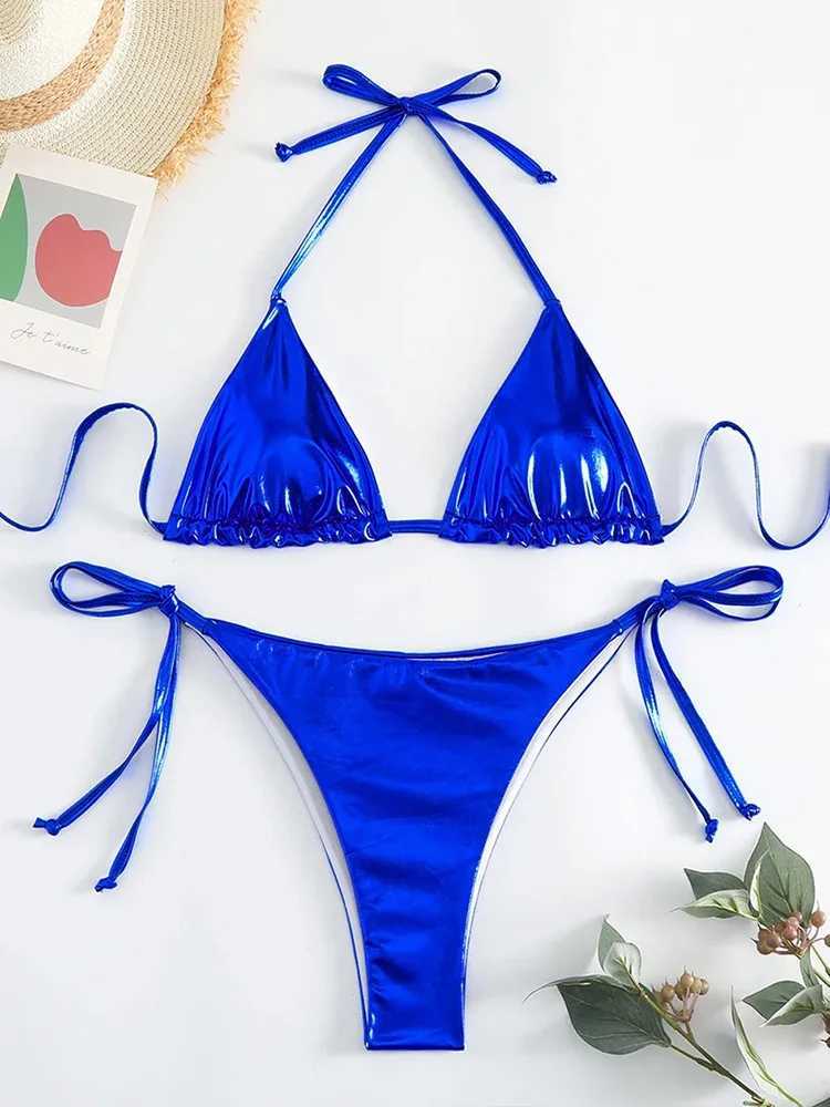 Sexy Metallic Halter Bikinis Sets Lace Up Triang Tie Side Bikini 2024 Swimsuit Women Swimwear Brazilian Fa Bathing SuitsXJ241212