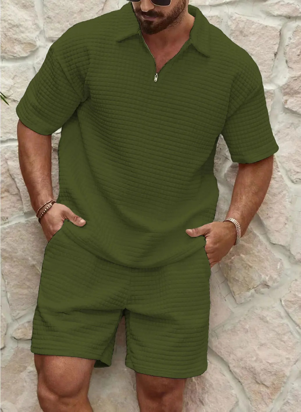 Mens suit with waffles solid color lapel shirt short sleeved shorts spring and summer sportswear casual loose fashionable mens clothing 241211