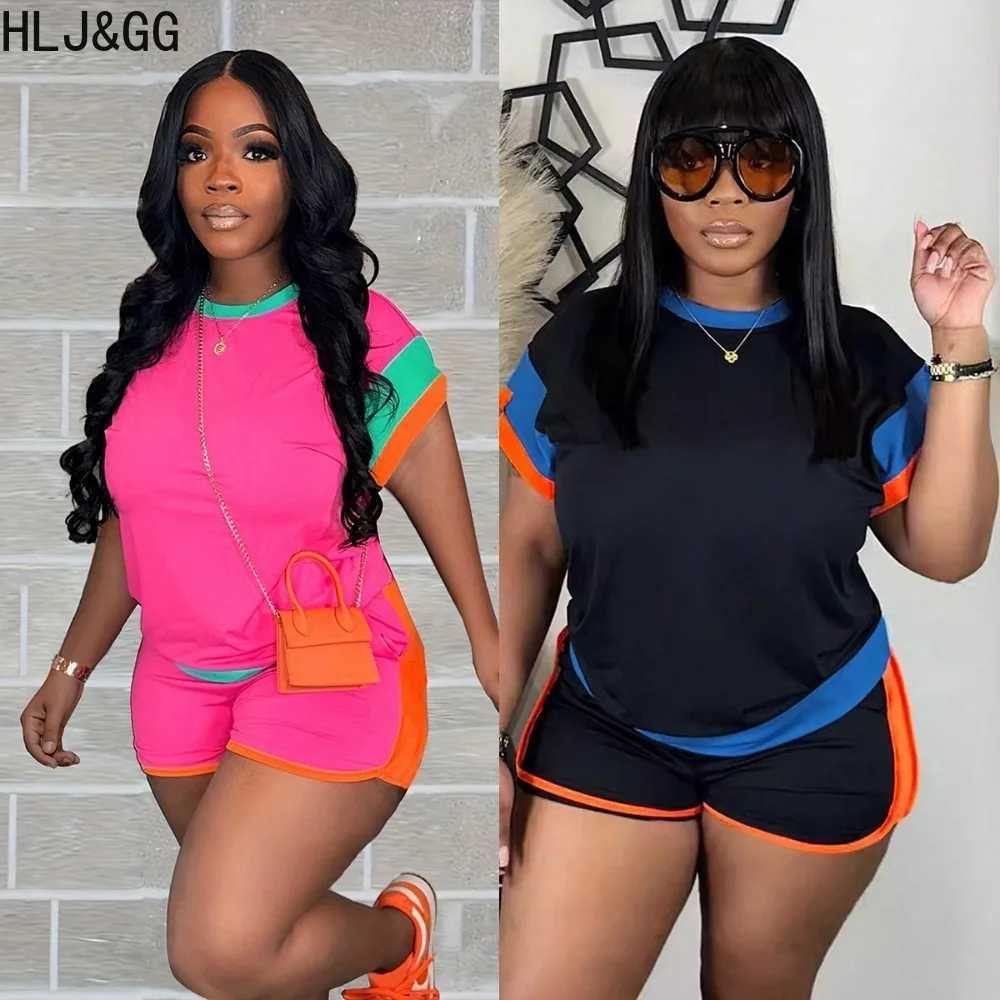 Women's Two Piece Pants HLJ GG Fashion Color Splicing Shorts Two Piece Sets Women O Neck Tshirts And Shorts Tracksuits Casual Female Sporty 2pcs 