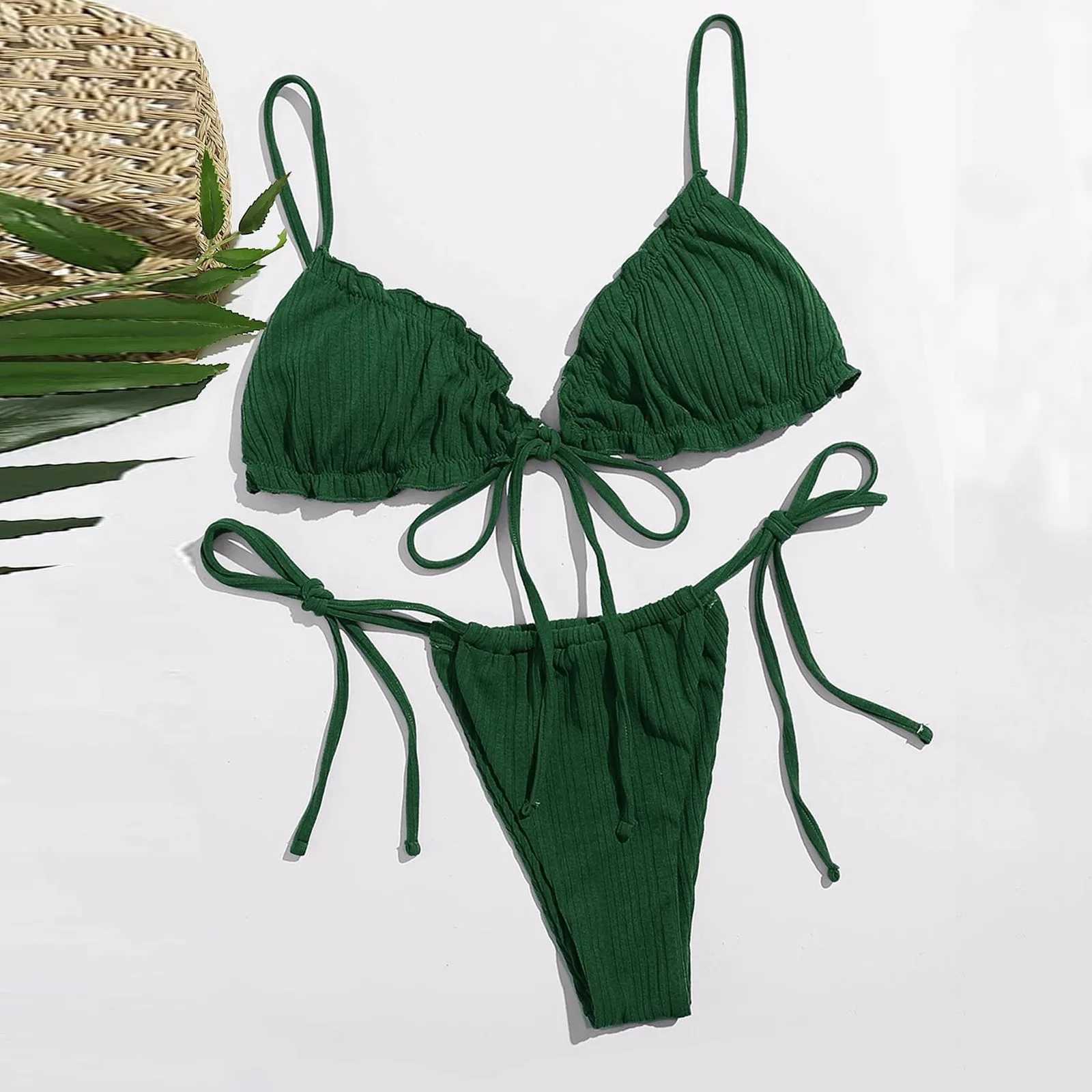 Fashion Woman Summer Bikini Set Solid Color Bandage Stretch Swimsuit 2024 New Swimwear Mini Thong Bikini Fa Bathing SuitXJ241212