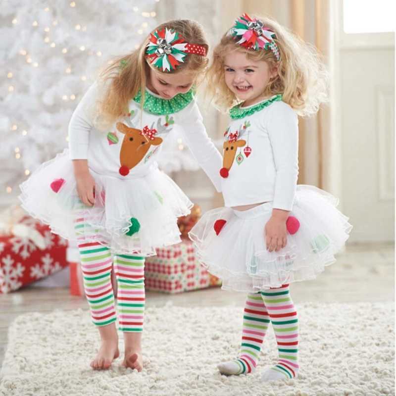 1-6 year old childrens baby clothing set long sleeved Christmas reindeer print T-shirt+fluffy striped dress pants fashion set W241213