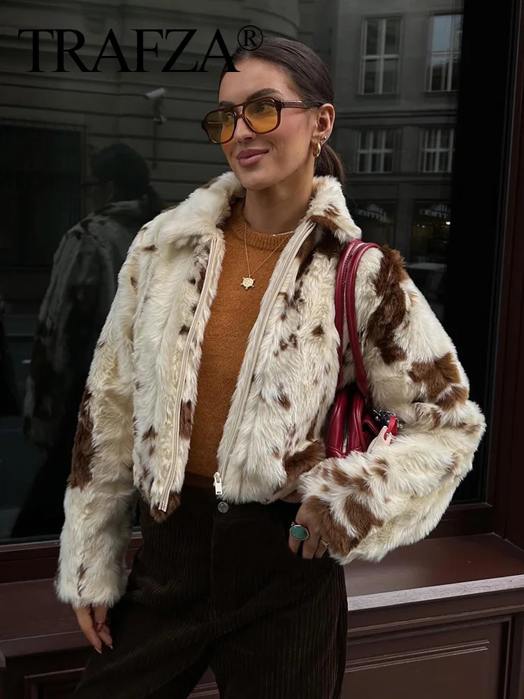 TRAFZA Women Casual Faux Fur Lapel Jacket Fashion Cow Print Autumn Winter Crop Zipper Coat Female Long Sleeve Fluffy Outwear 241212