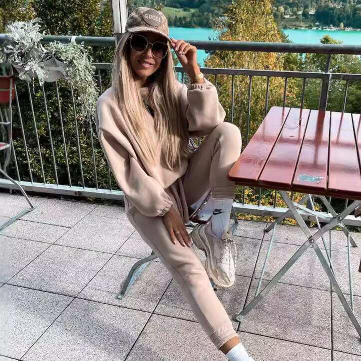 European American Foreign Trade Autumn And Winter New Solid Color Hoodie Two-Piece Set Trendy Clothing Fashion Casual Temperament