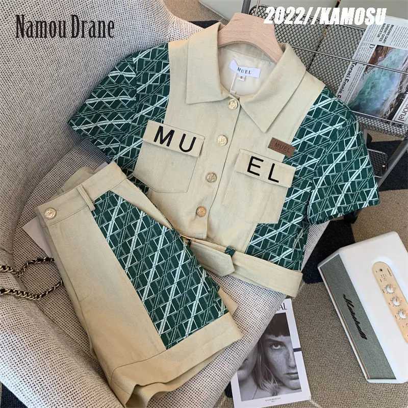 Women's Two Piece Pants Women Shorts Two Piece Set Short Slve Turn-down Collar Shirts High Waist Shorts New Retro Splicing Casual 2 Pecs For Offi