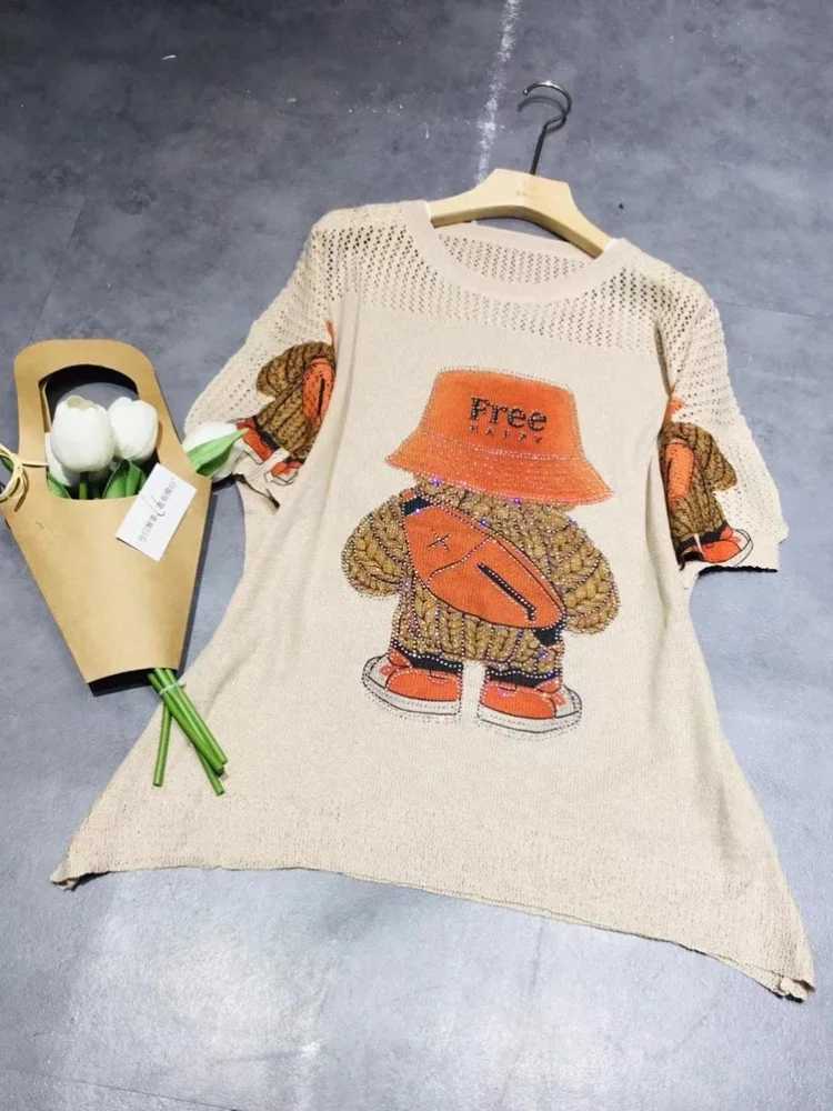 Women's Two Piece Pants Cartoon Rhinestone Hollow Round Neck Short Slve T-shirt Shorts Two-Piece Set Female 2023 Summer Loose Leisure Set Women Y