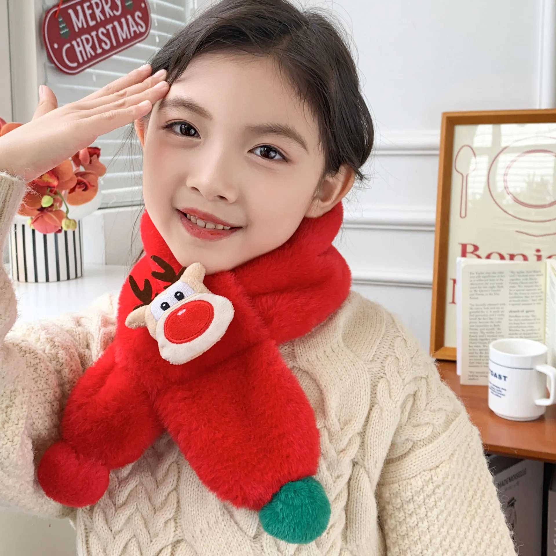 Scarves Wraps Childrens Scarf Winter Warm Baby Plush Thickened Men and Girls Windproof Cute Christmas Deer H241213M1K2