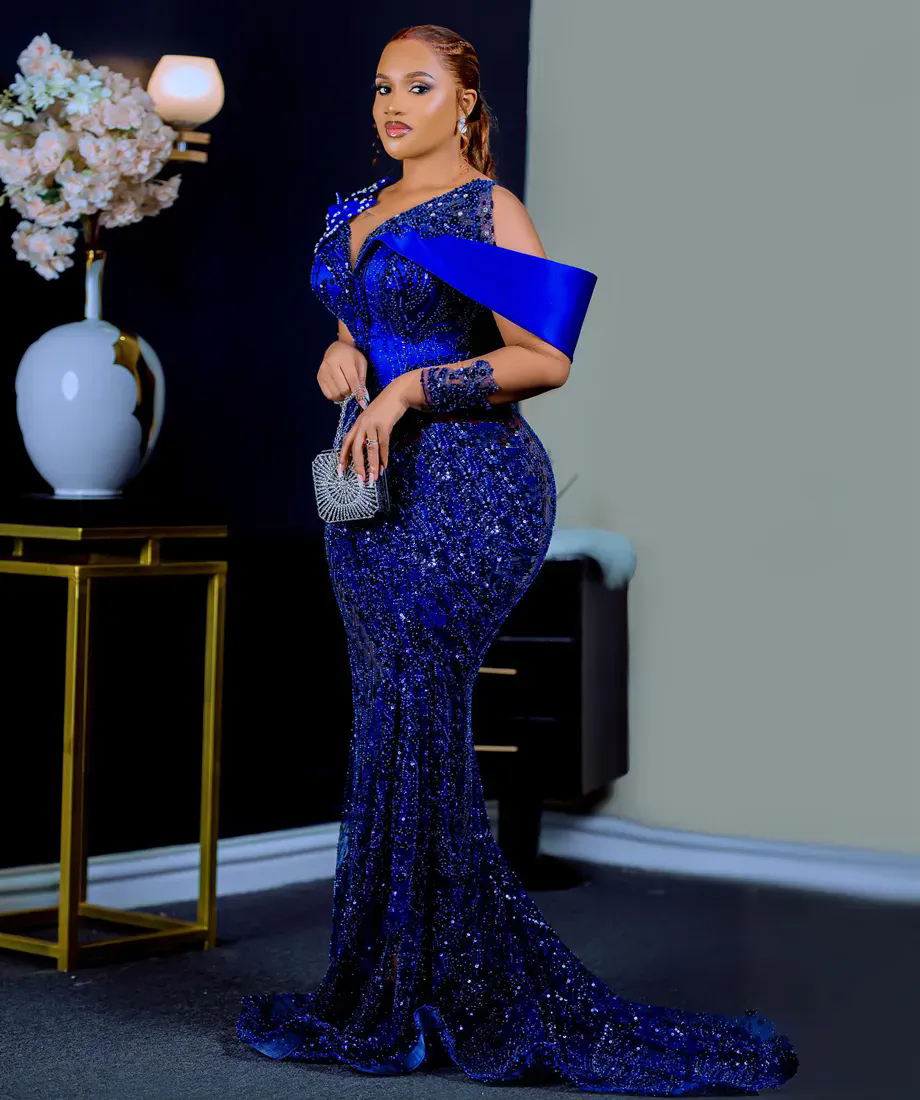 Royal Blue Plus Size Aso Ebi Prom Dresses For Black Women Long Sleeves Sheer Neck Illusion Mermaid Evening Formal Gowns Applique Beaded Lace Formal Go