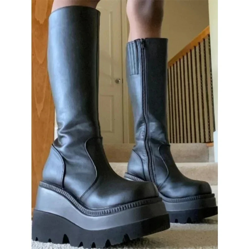 2024 Fashion Platform Womens Battle Winter High Heels High Quality Long Thick Zipper Knee Boots Botas Unprinted Platform Shoes 241213