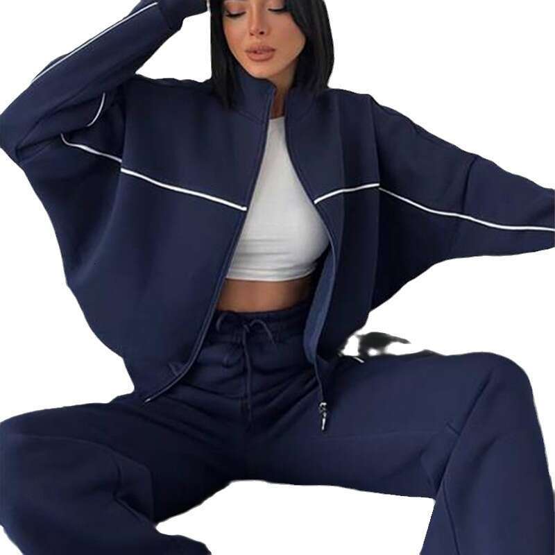 New Suit Sleeved Semi High Neck Cardigan Sweatshirt With Tie Up Stripes Long Pants Trendy Clothing Fashionable Casual Temperament