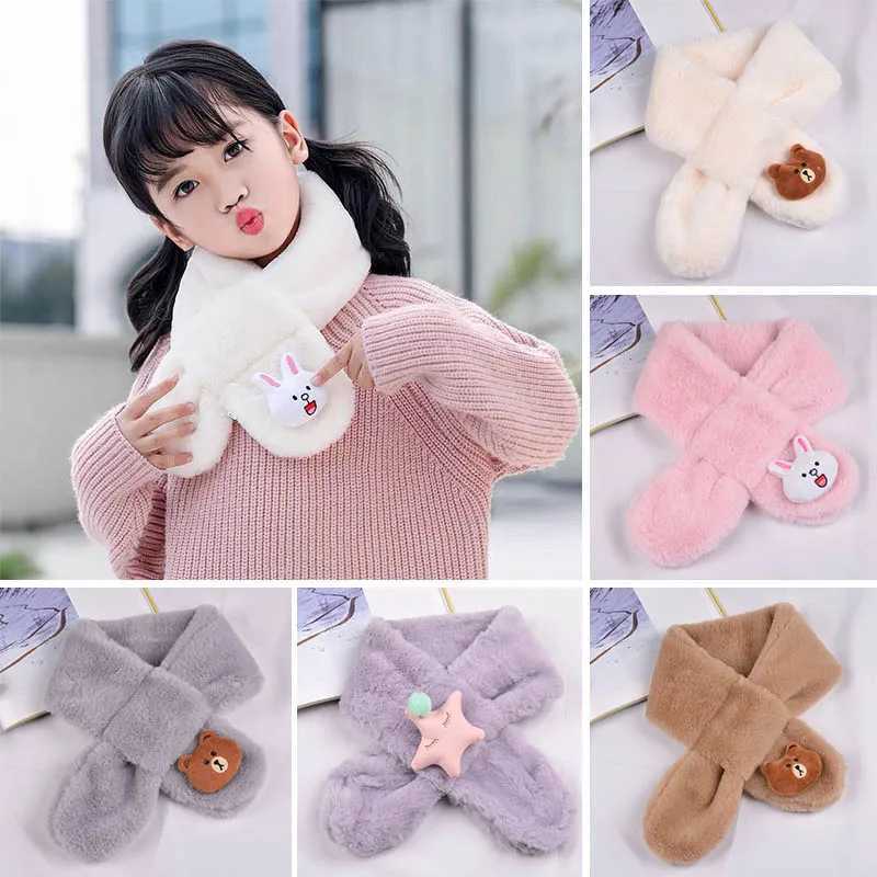 Scarves Wraps Winter Push Baby Scarf Cute Rabbit Bear Doll for Boy Girl Warm Soft Faux Fur Kids Cross Neckerchief H241213