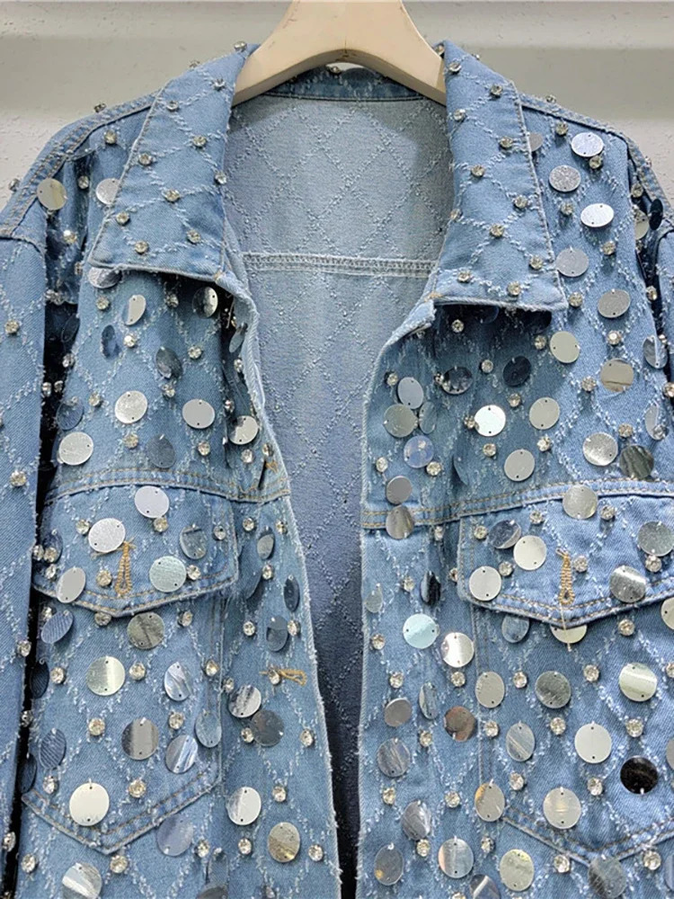 womens diamond bead denim jacket Rhinestone sequin jeans bomber jacket crystal denim cardigan single chest top 241209