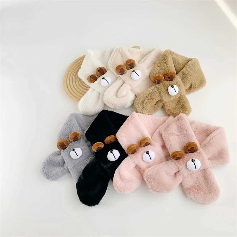 Scarves Wraps Cartoon Plush Baby Scarf Winter Faux Fur Scarves for Toddler Boys Girls Cute Bear Warm Kids Cross Neckerchief H241213