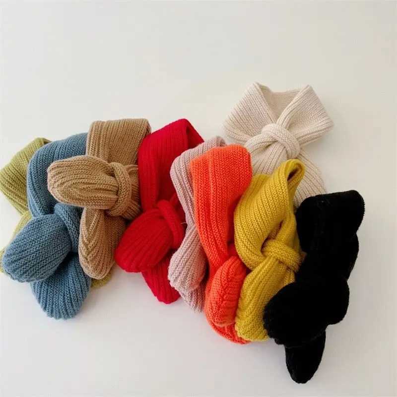 Scarves Wraps New Korean Style Wool Childrens Scarf Solid Autumn Winter Fashion Kids Knitted Scarf Candy Color Baby Boy Girl Warm Cross Scarf H241213