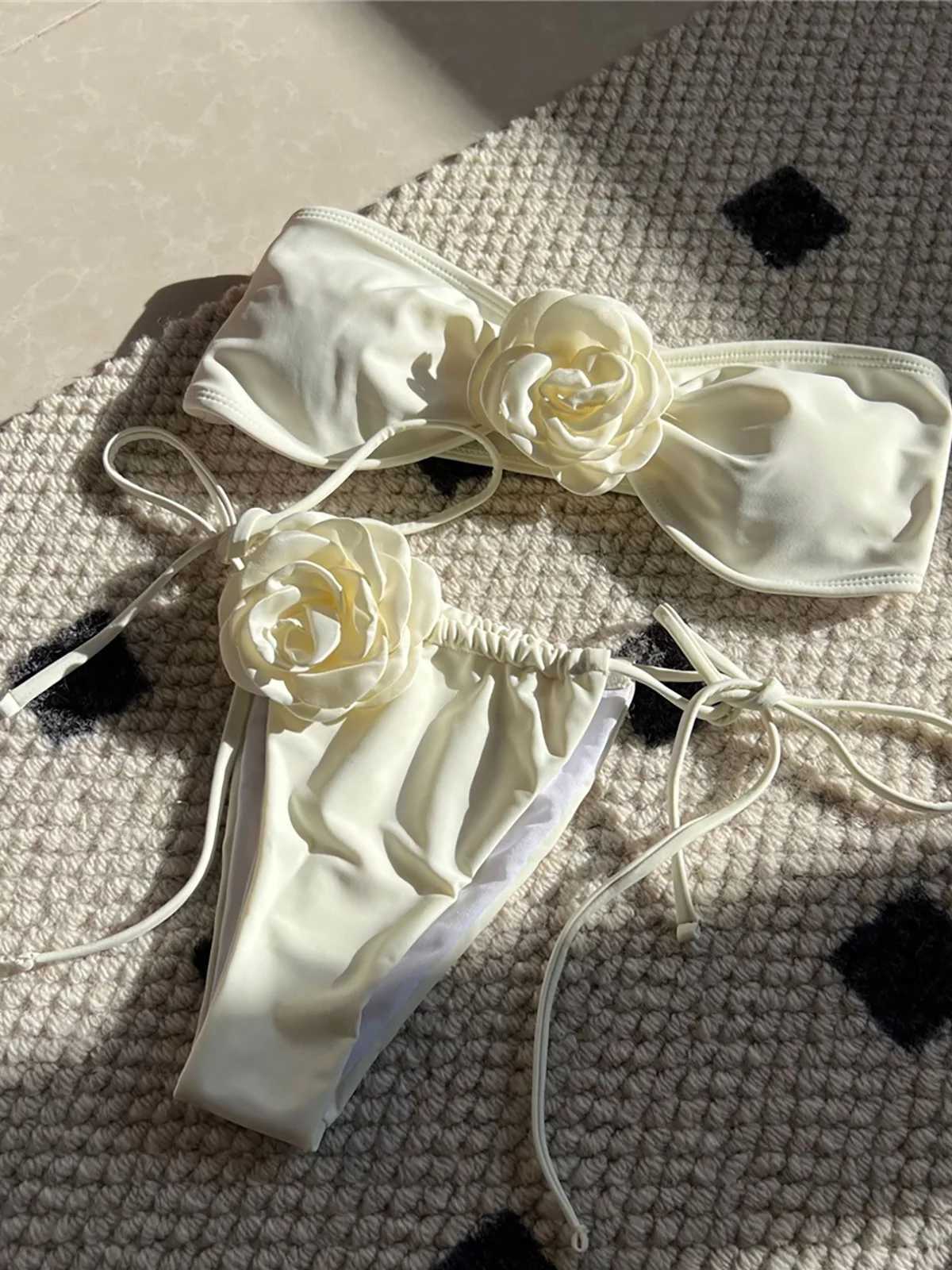 14 Colors 3D Flowers Bandeau High Cut Bikini Fa Swimsuit Women Swimwear Two-pieces Bikini set Bather Bathing Suit Swim K5265XJ241212
