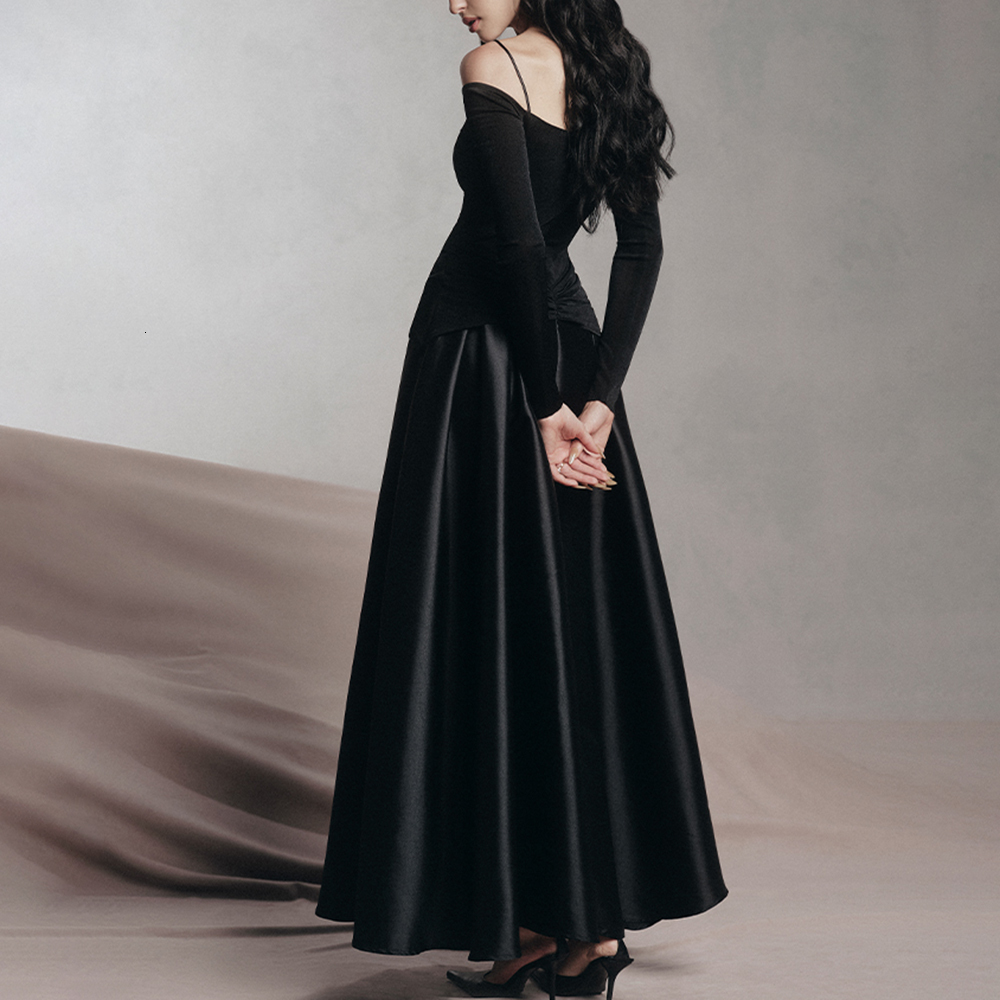 Solid Slimming Elegant Dresses For Women Slash Neck Long Sleeve High Waist Temperament Dress Female Fashion Style