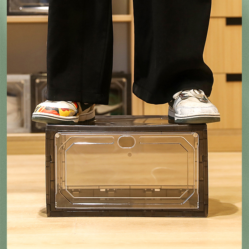 Assembly free integrated magnetic side opening basketball shoe box acrylic transparent storage shoe box foldable and easy to use with just one pull