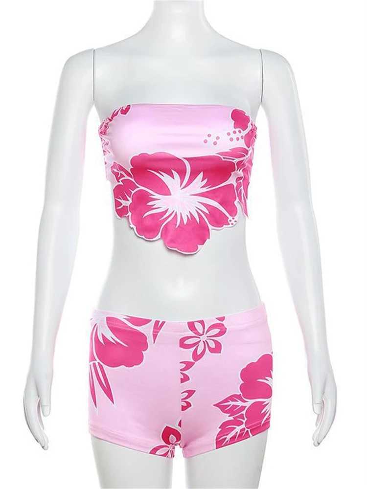 Women's Two Piece Pants WLWXR Summer Flowers Print 2 Piece Sets Hotswt Outfits For Woman 2024 Y2K Backless Bodycon Tube Tops And Shorts Matching 