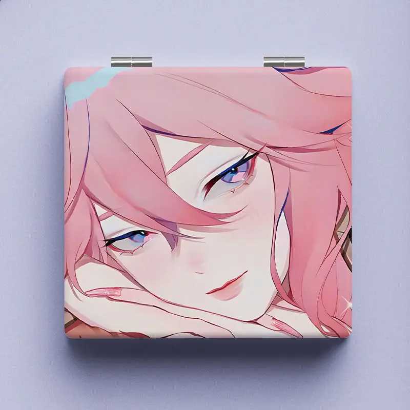 Genshin Impact Foldable Makeup Mirror Yae Miko Mini Square Makeup Tools Girls Portable Hand Mirror Student Cartoon Pocket MirrorXJ241213