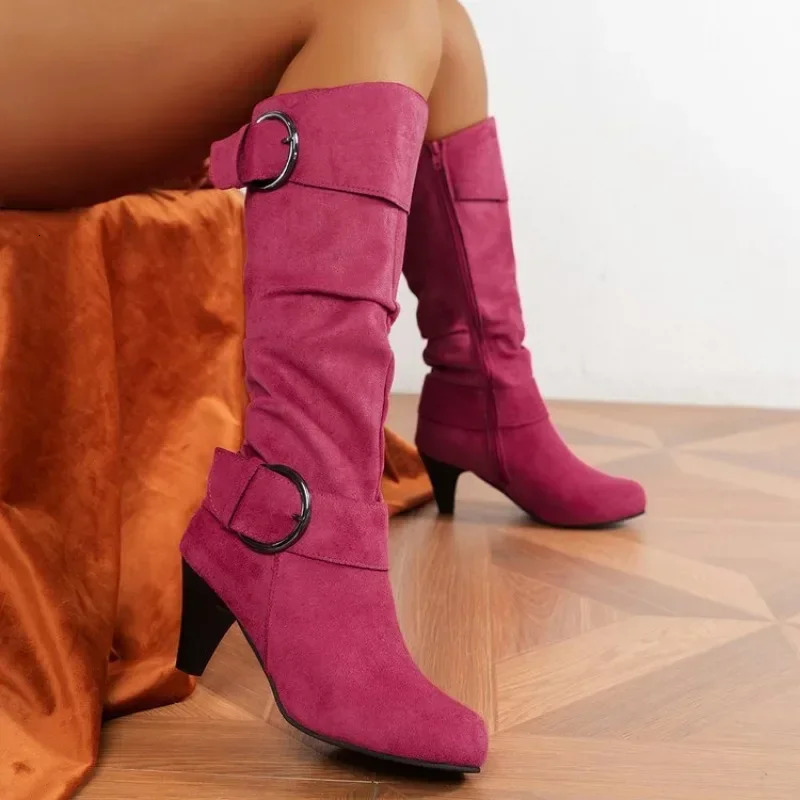 Autumn Fashion Womens Boots Side Zip Shoes Women Mid-calf Boots Pointed Tip Ladies High Heels Suede Winter Boots For Women 241213