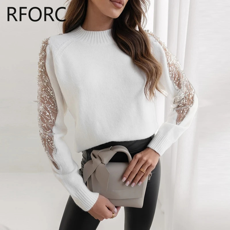 2023 Women Solid Hook Flower Hollow Sequins Patch Long Sleeves Knitting Pullovers Tops 241203