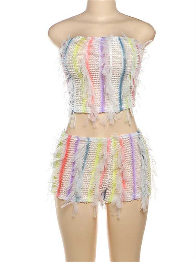 Women's Two Piece Pants WLWXR Summer Colorful Stripe Tassel 2 Piece Set Party Club Outfits Women 2024 Sexy Strapless Crop Tops And Shorts Matchin