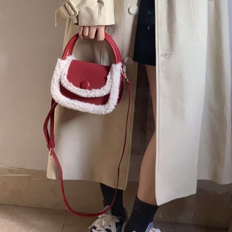 Autumn and Winter Lamb Hair Splice Xiaolongbao Women's New Year Red Handheld Small Square Versatile ins Saddle Bag