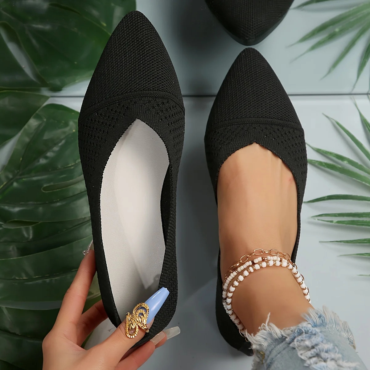 Womens Pointed Toe Flat Shoes Solid Color Knitted Sliding Womens Shoes Casual Breathable Ballet Womens Flat Shoes 241213