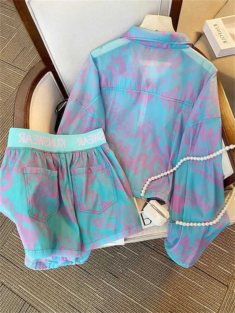Women's Two Piece Pants Womens Printed Suit Korean Casual Thin Sunscrn Clothes Pocket Drawstring Long Slve Top Shorts 2-Piece Set Female Sportswe