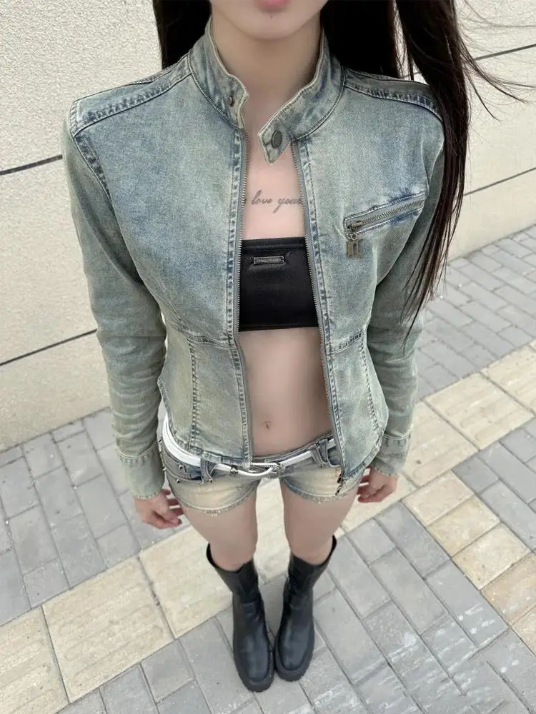 Spring and Autumn American Girl Retro Washed Denim Shirt Waist Weight Loss Zipper Jeans Jacket Tight Coat Womens Top 241211