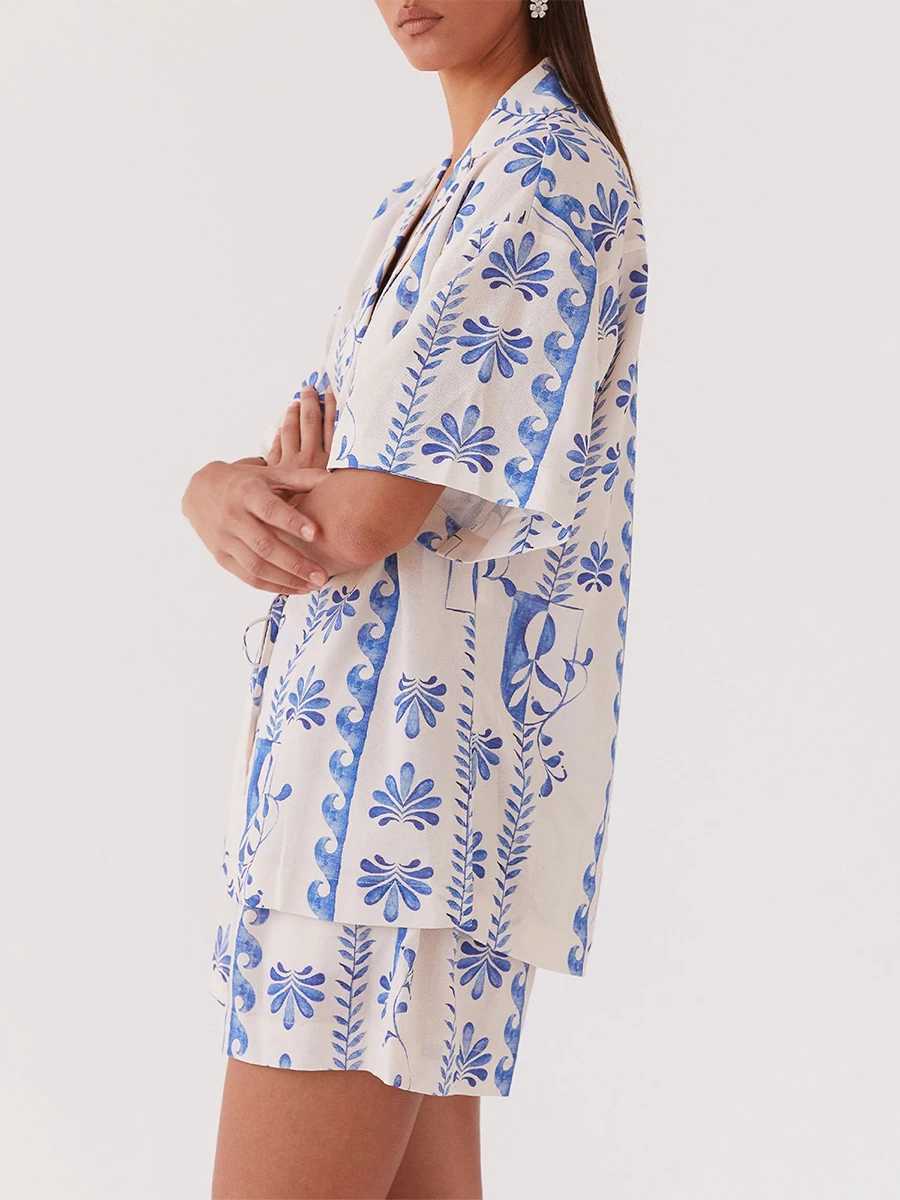 Women's Two Piece Pants Printed Shirts Two Piece Pajama Set Women Short Slve Lapel Shirts High Waist Short Suit Home Wear Outfits Boho Beachwear 