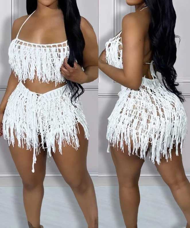 Women's Two Piece Pants Womens Two Piece Sets Outfit 2024 Summer New Sexy Spaghetti Strap Crop Crochet Top Fashion Tassel Design Shorts Set Casua