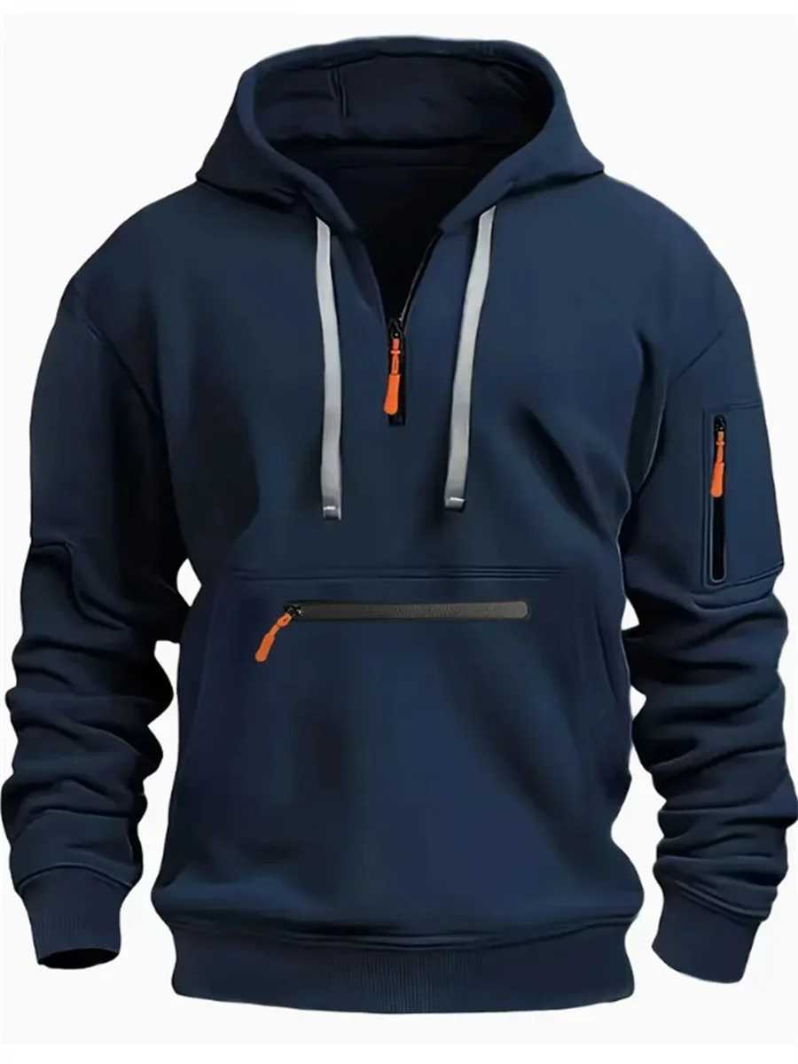 Autumn and Winter Mens Classic Outdoor Sports Leisure Solid Color Patchwork Multi-Pocket Drawstring long-sleeved hoodie W241213