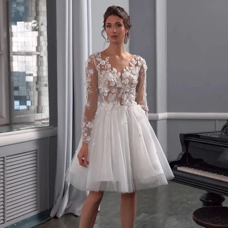 New Arrival Short Wedding Dresses Sheer Neck 3D Flowers Long Sleeve Lace Applique Tulle Illusion Back Bridal Party Gowns Vestido De Novias Robe De Mar