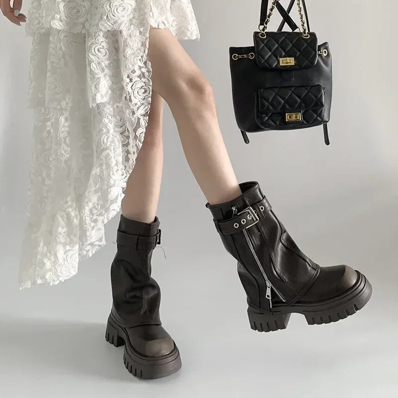 Winter Women Biker Boots Fashion Belt Buckle Ladies Elegant Platform Long Pipe Booties Casual Womens Knee High Booties2024 241213