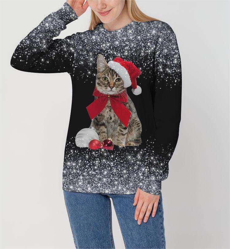 Foreign Trade Women's Cat Christmas Hat Printed Hoodie Trendy Clothing Fashionable Casual Temperament