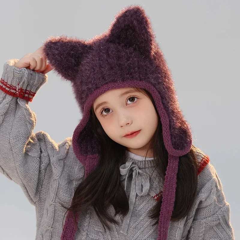 Knitted Hat Winter Children Ear Protection Beanie Cap Cute Cat Ear Hat Wool Plush Cold-proof Warm Boy Girl Bucket Hat BonnetsXJ241213