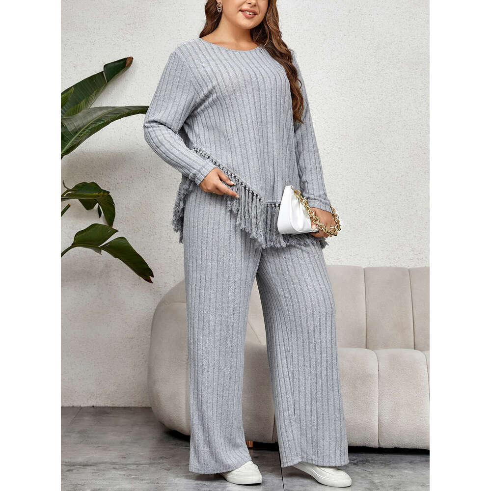 Ladies Suits Plus Size Women Two Piece Outfit Fall Casual O-Neck Long Sleeve Tassel Hem Tops With Wide Leg Pants Sets