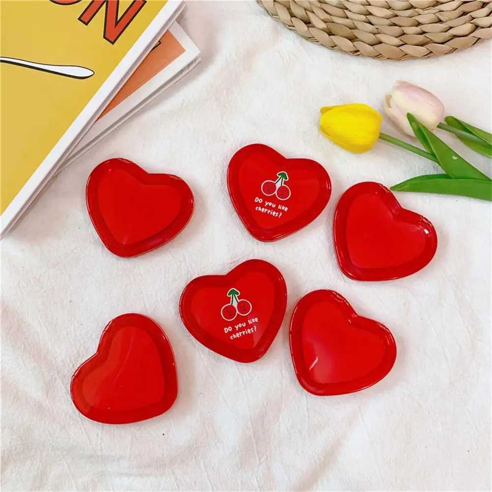 Mini Makeup Mirror Red Cherry Pattern Heart Shaped Portable Pocket Mirror Double-Sided Folding Cosmetic Mirror Women GiftsXJ241213