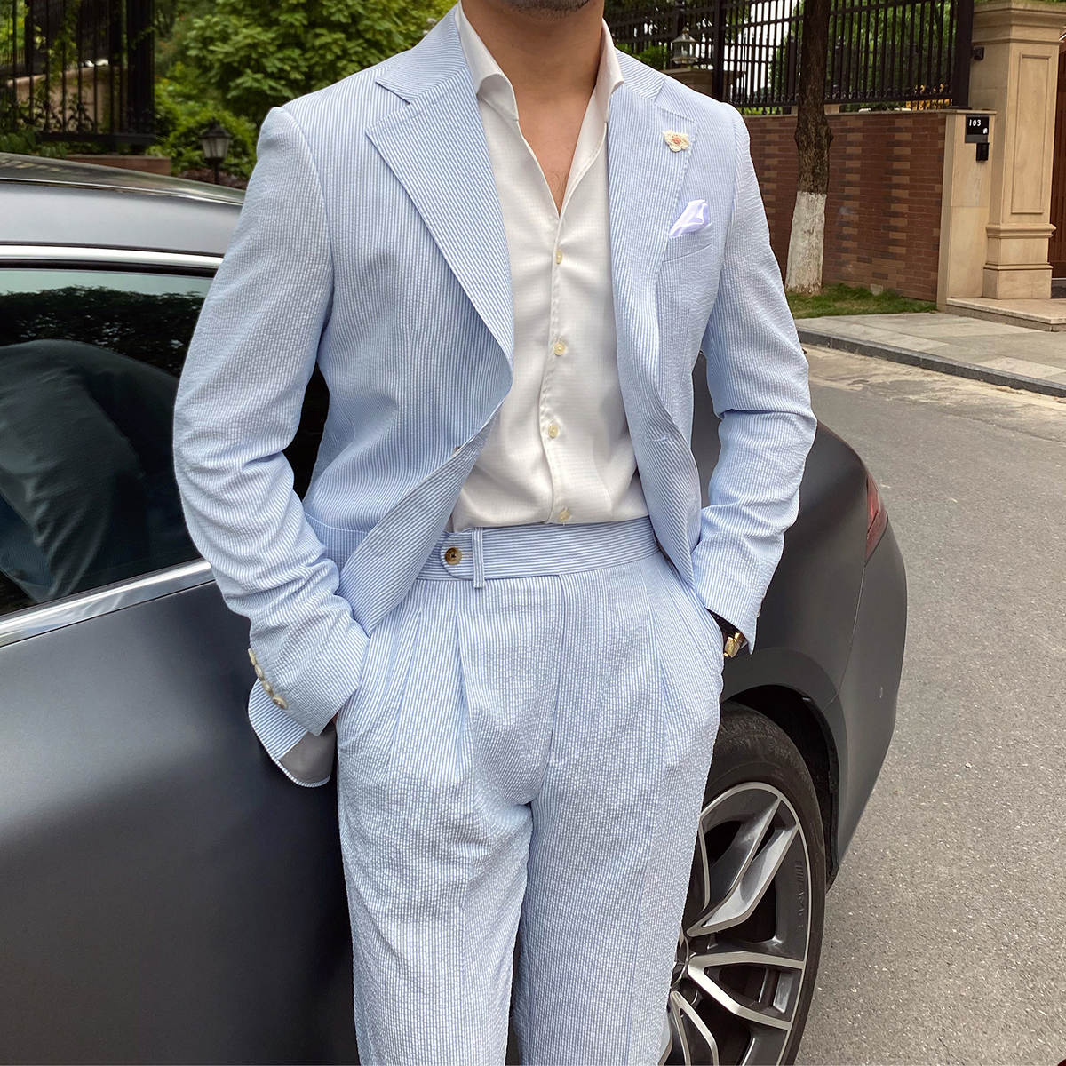 Handsome New Fashion Wedding Tuxedos Men Suits 2-Pieces Notched Lapel Jacket Two Button Customized Pockets Bridegroom Coat Pants Occasions