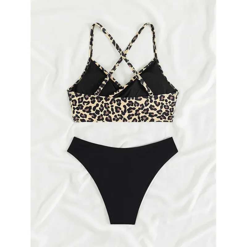 Sexy opard print cross bikini set 2024 women halter push up black high waist swimsuit summer bathing suit two piece swimwearXJ241212