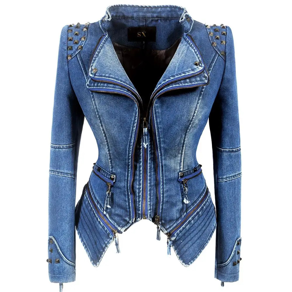 SX Womens Spring/Autumn Cowboy River Punk Short Slim Jacket Motorcycle Windproof Zipper Jacket 241209