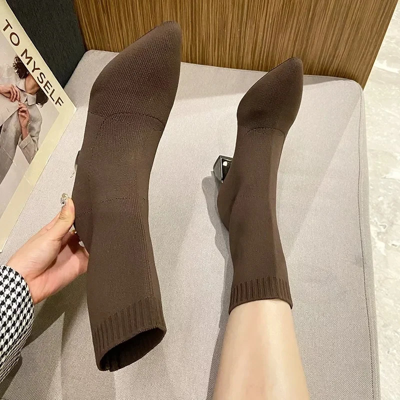 2024 Womens Pointed Fashion Slim Socks and Boots Casual Fashion Thick High Heel Socks and Boots 241213