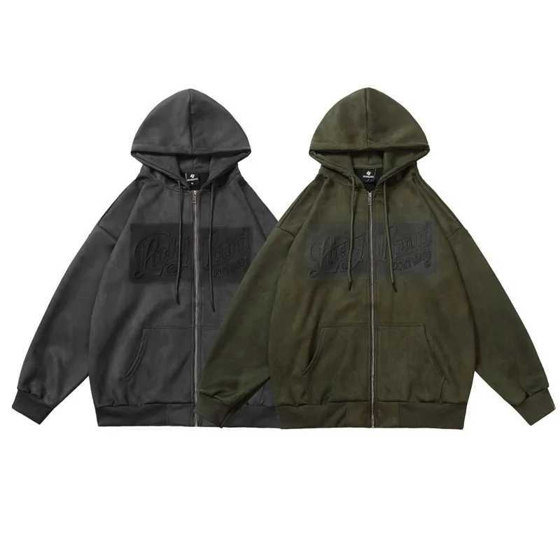 Mens and womens retro couple loose jacket American high street suede steel stamp letter graffiti cardigan hooded sweatshirt W241213