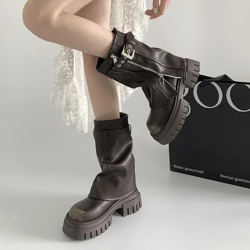 Winter Women Biker Boots Fashion Belt Buckle Ladies Elegant Platform Long Pipe Booties Casual Womens Knee High Booties2024 241213