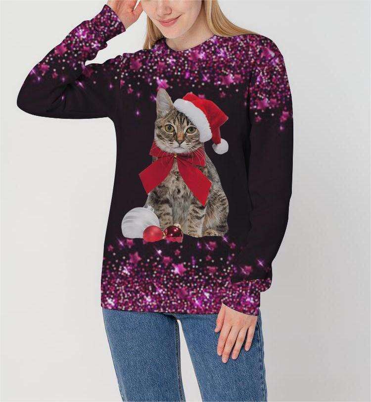 Foreign Trade Women's Cat Christmas Hat Printed Hoodie Trendy Clothing Fashionable Casual Temperament